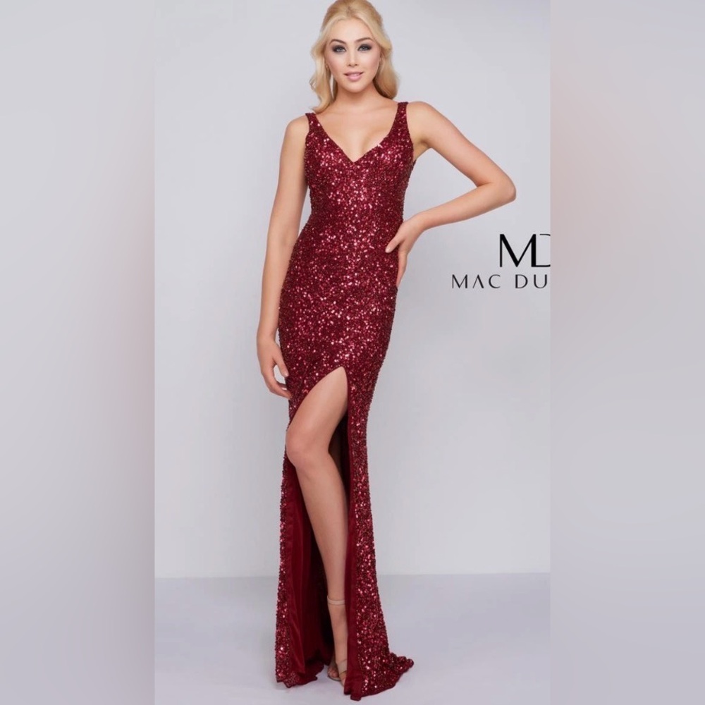 Mac Duggal Chili Pepper Sequin Sheath Gown (red) with high slit NWT